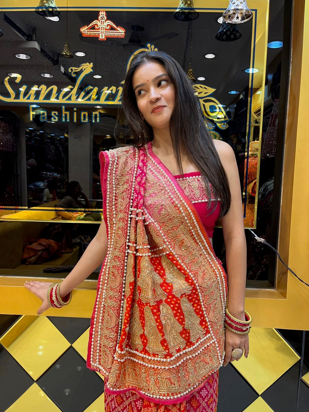 Pearl Work Khaddi Georgette Red Saree