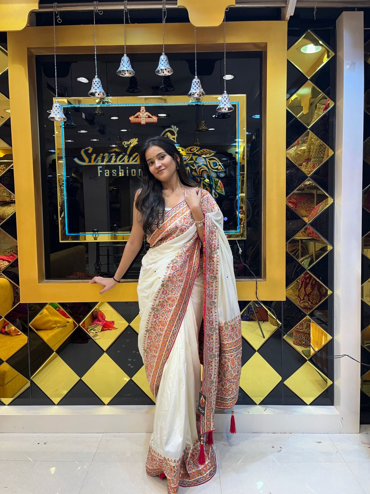 White Resham Border Silk Saree