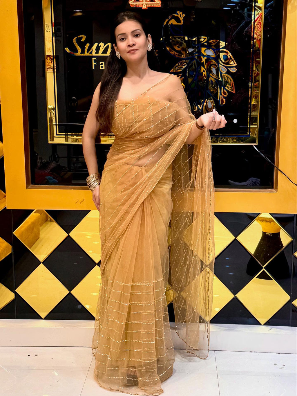 Golden Brown Korean Silk Saree