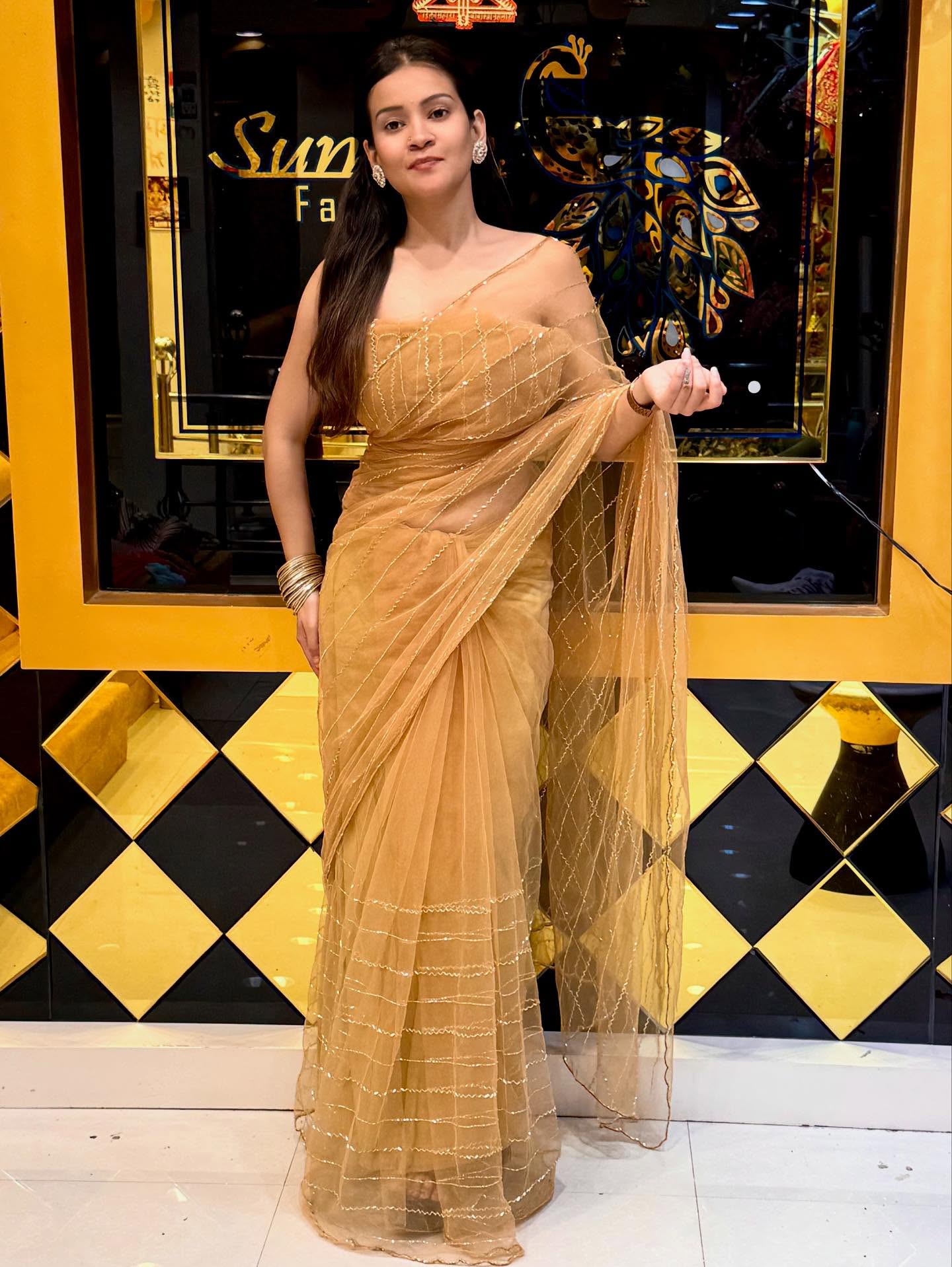 Golden Brown Korean Silk Saree