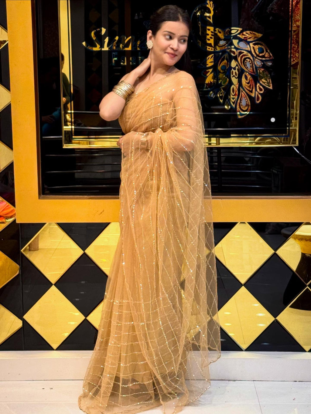 Golden Brown Korean Silk Saree