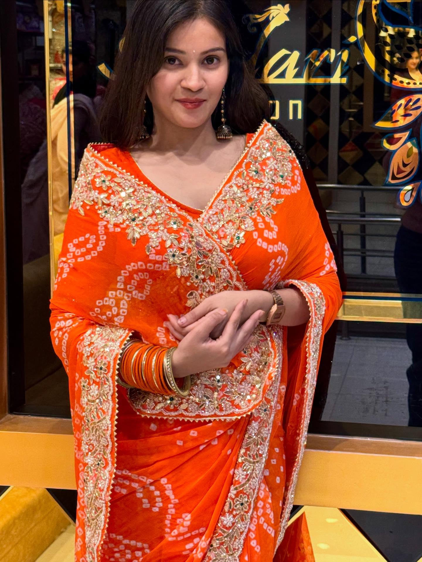 Orange Bandhej Pure Chiffon Saree