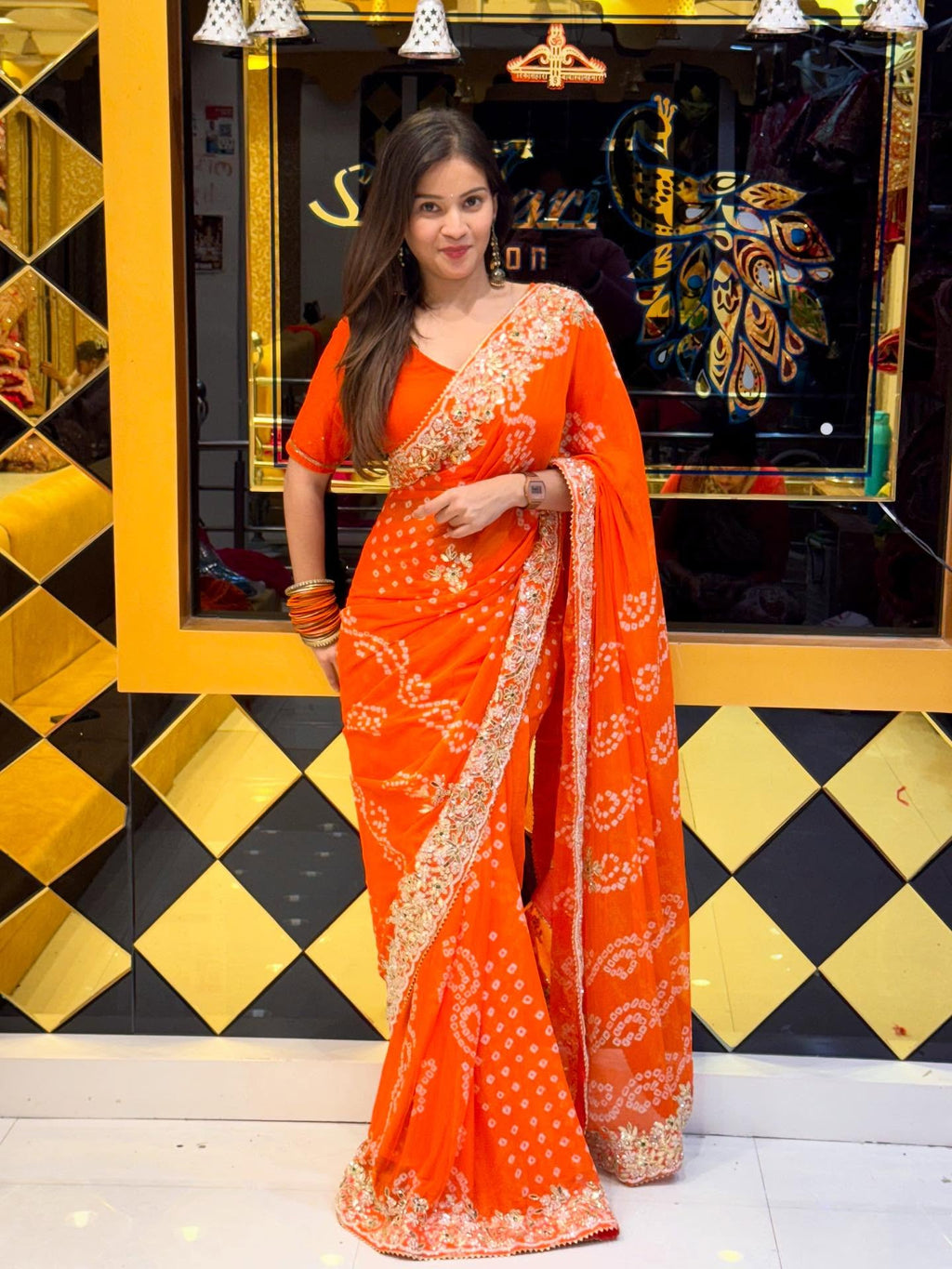 Orange Bandhej Pure Chiffon Saree