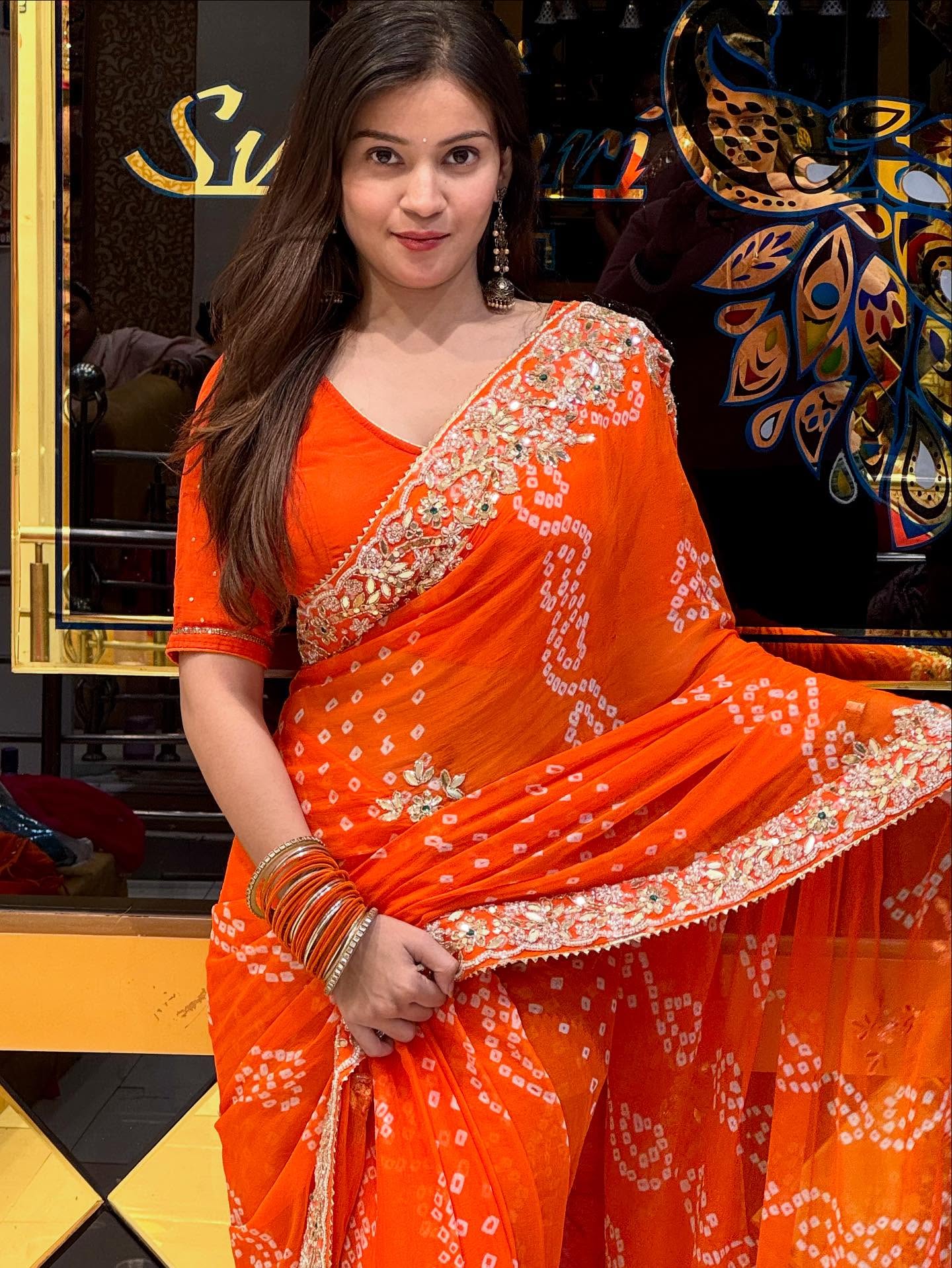 Orange Bandhej Pure Chiffon Saree