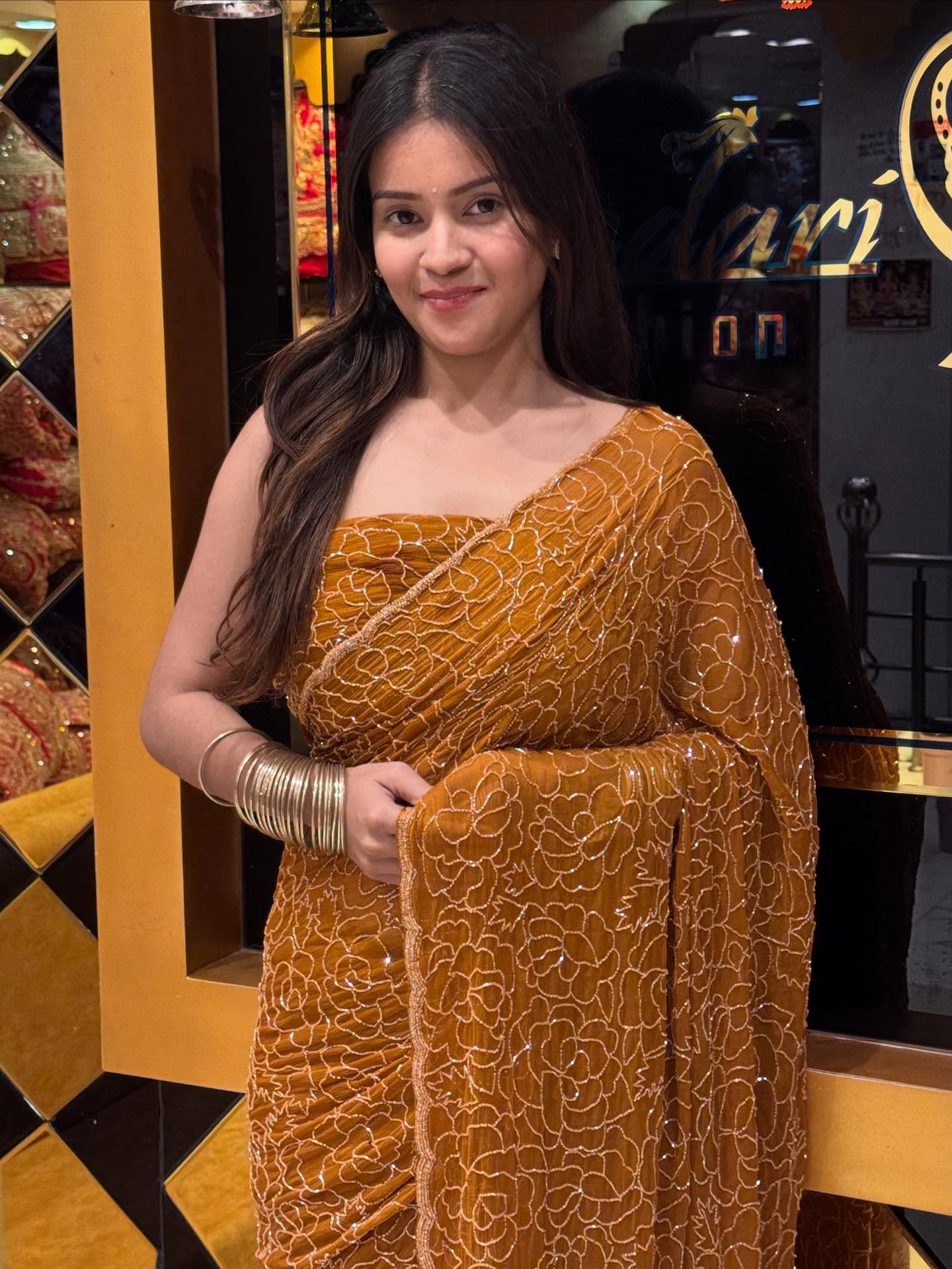 Golden brown Full Handwork Saree