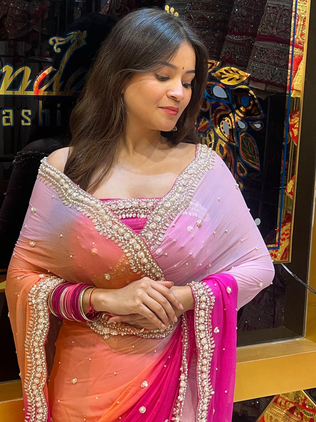Pink Pastel Pearl Handwork Saree