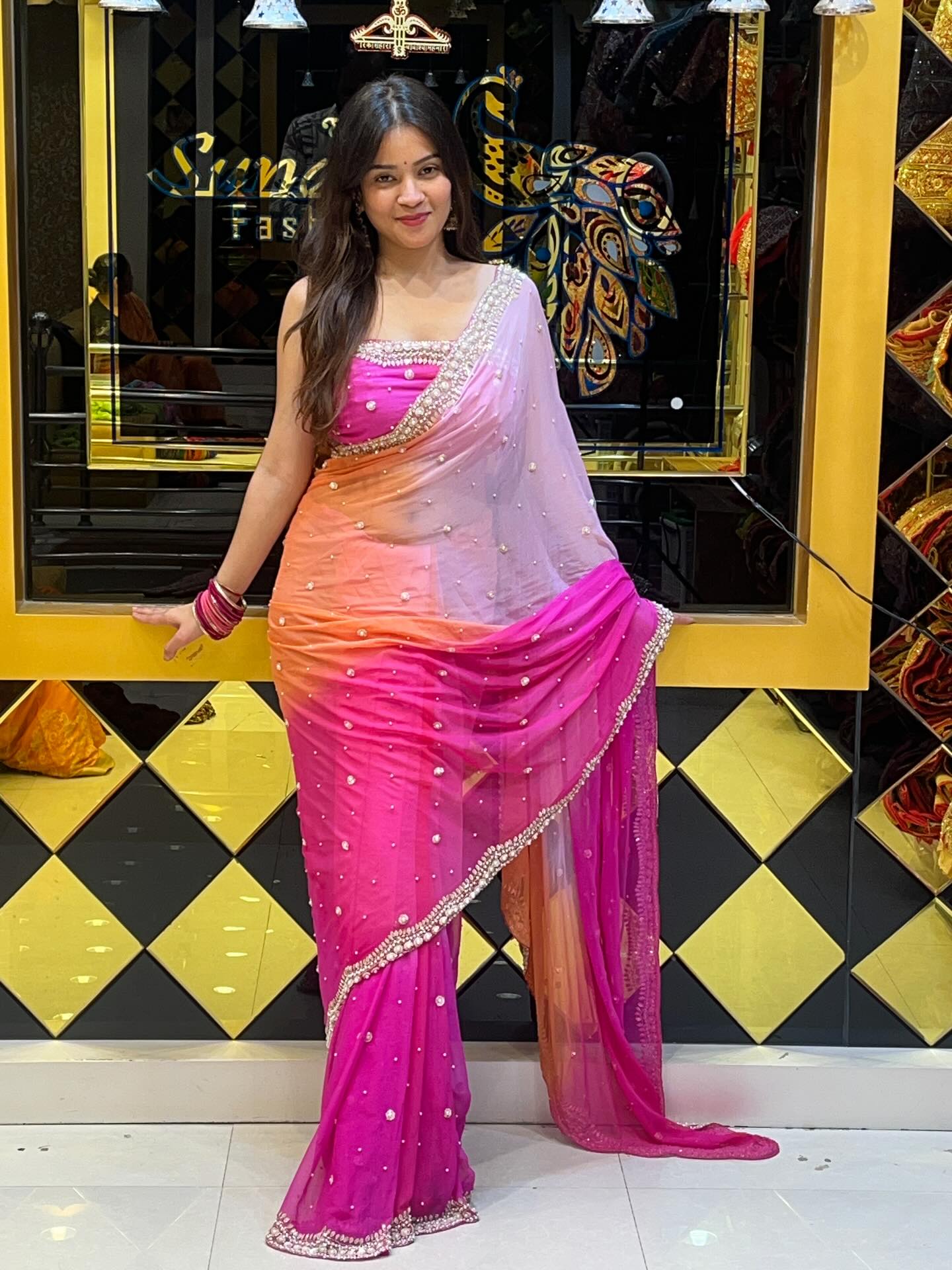 Pink Pastel Pearl Handwork Saree