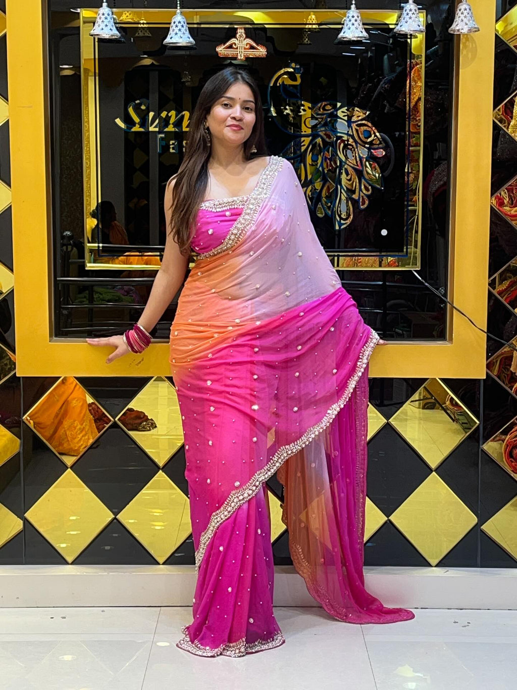 Pink Pastel Pearl Handwork Saree