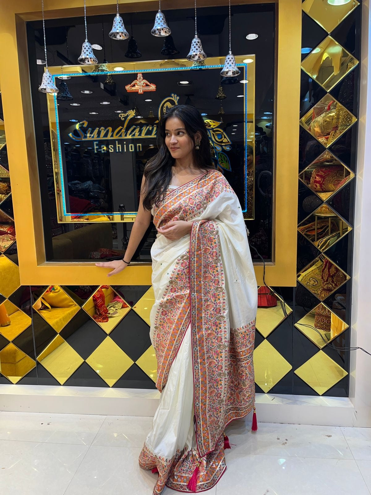 White Resham Border Silk Saree