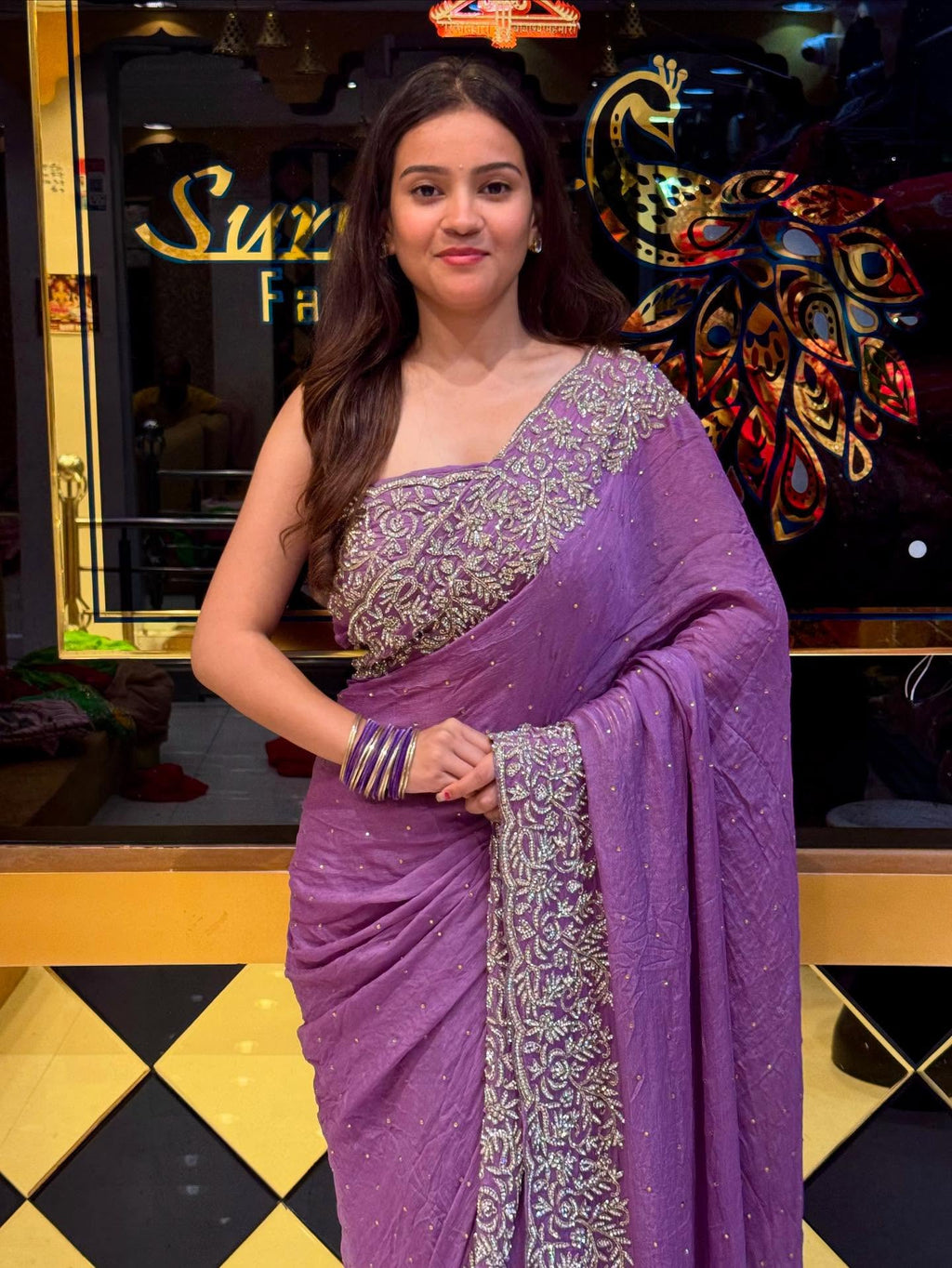 Lavender Diamond Work Shimmer Chiffon Saree
