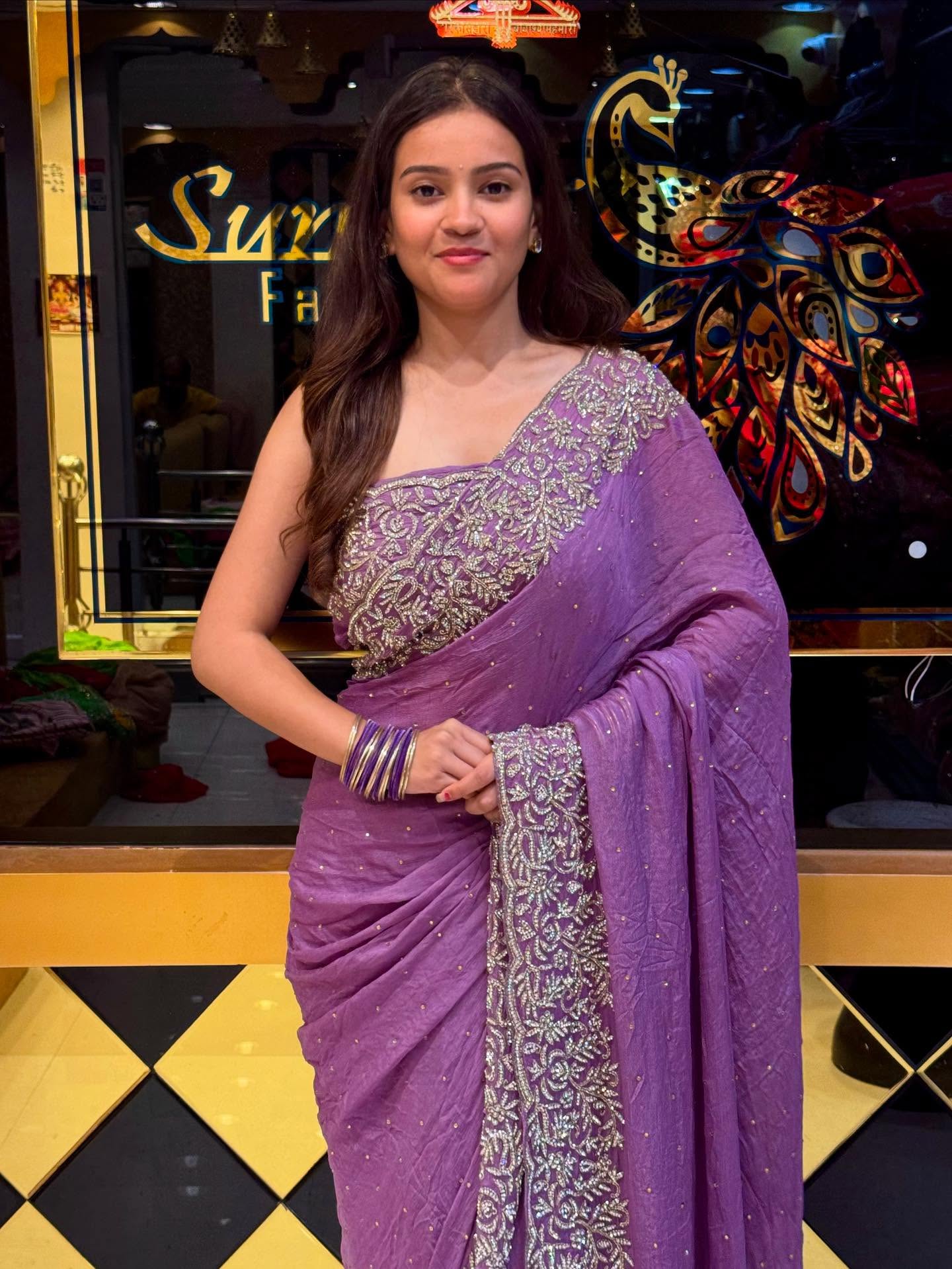 Lavender Diamond Work Shimmer Chiffon Saree