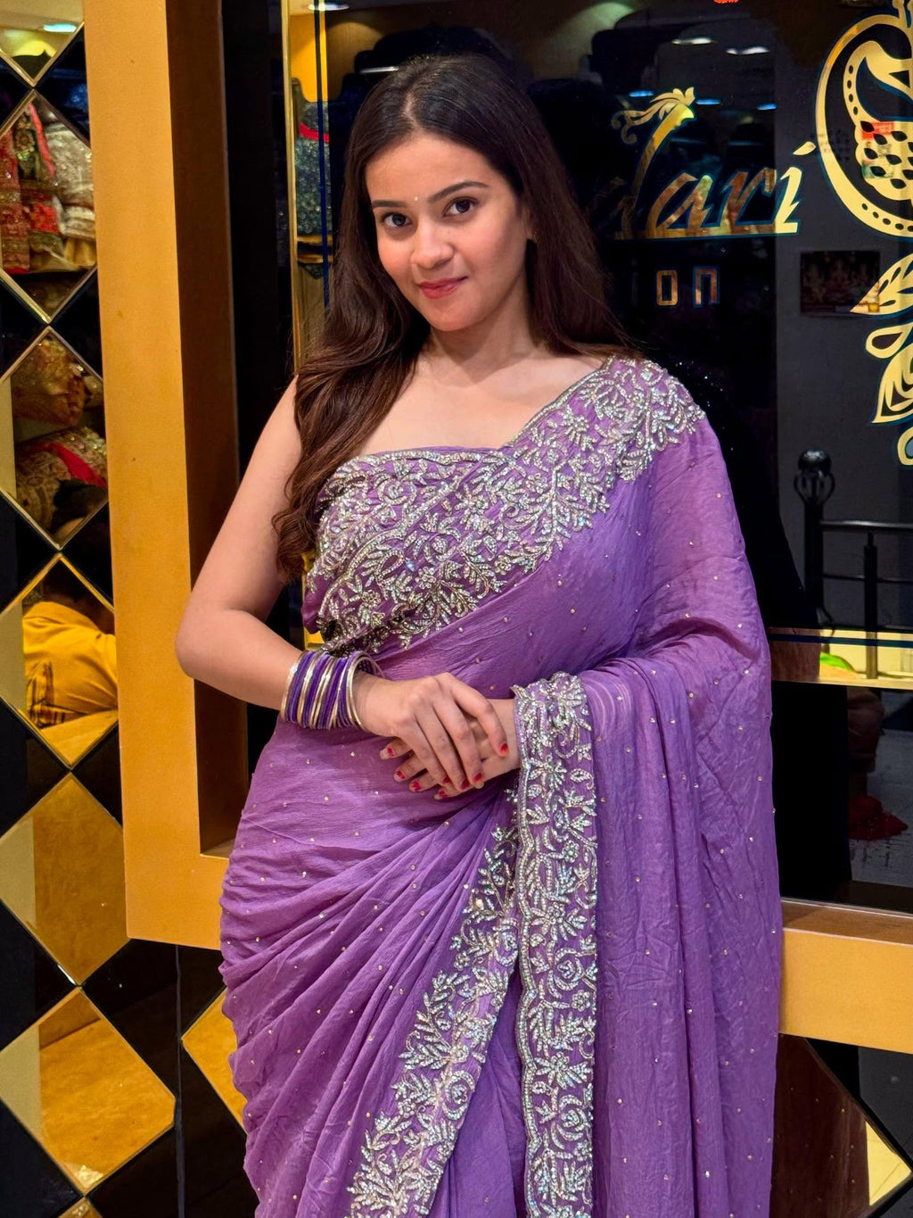 Lavender Diamond Work Shimmer Chiffon Saree