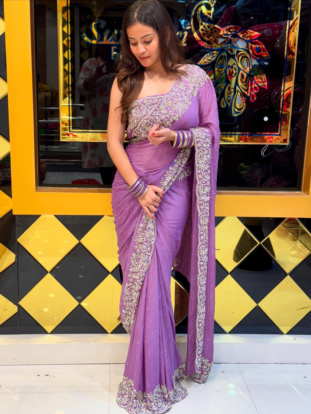 Lavender Diamond Work Shimmer Chiffon Saree