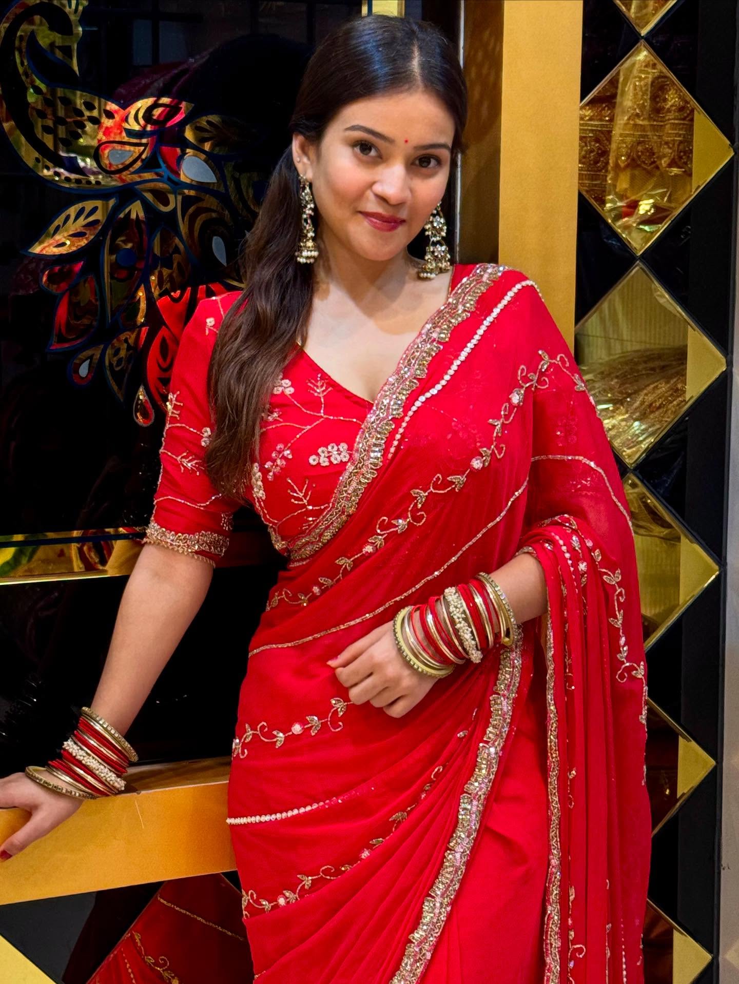 Red Pure Chiffon Partywear Saree