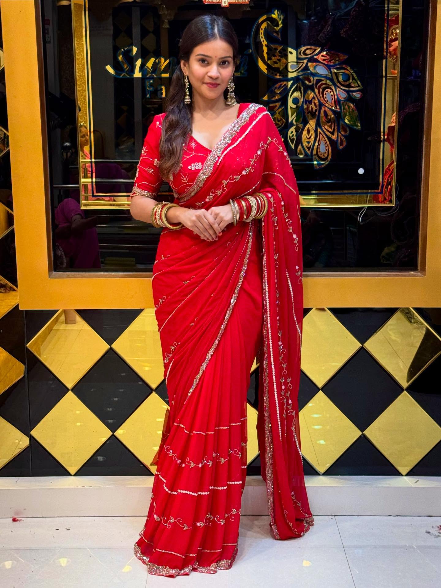 Red Pure Chiffon Partywear Saree