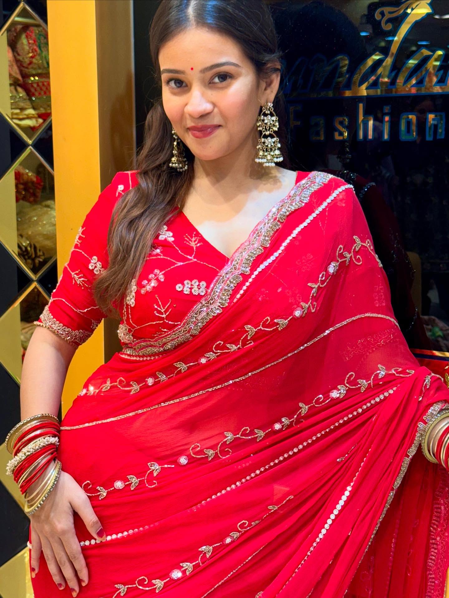 Red Pure Chiffon Partywear Saree