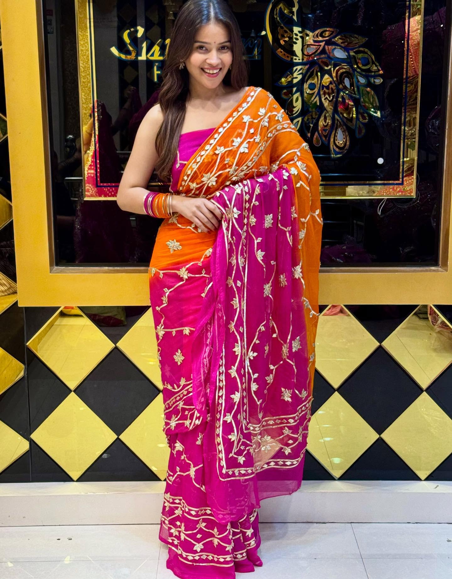 Pink Orange Shaded Gotapti Saree