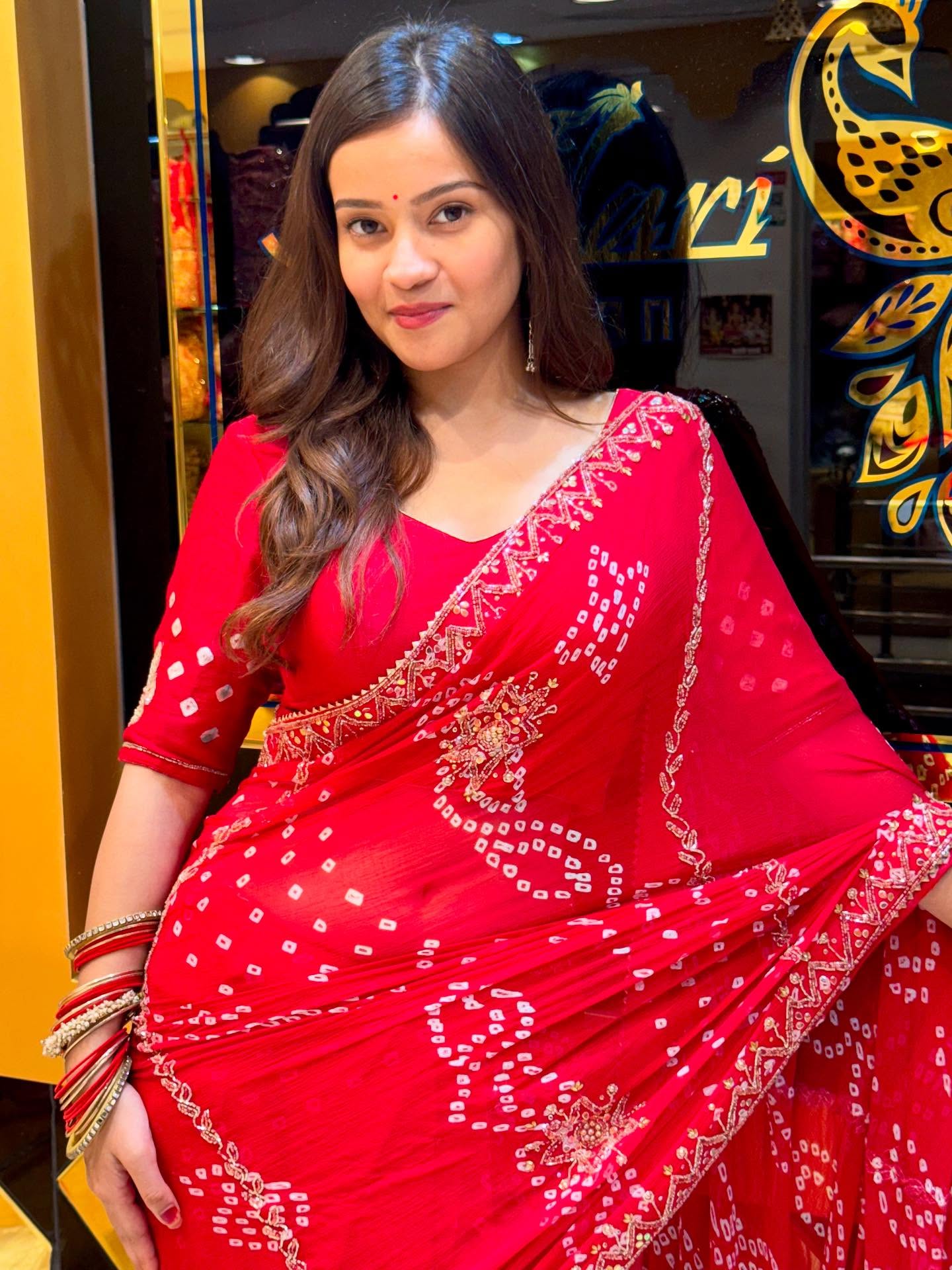 Red Pure Chiffon Partywear Saree