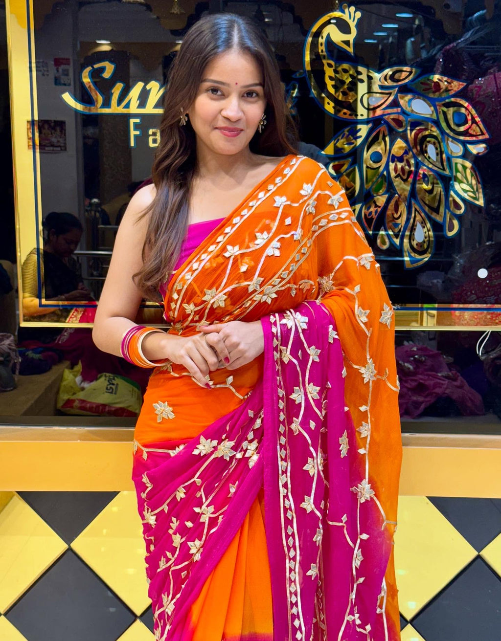 Pink Orange Shaded Gotapti Saree