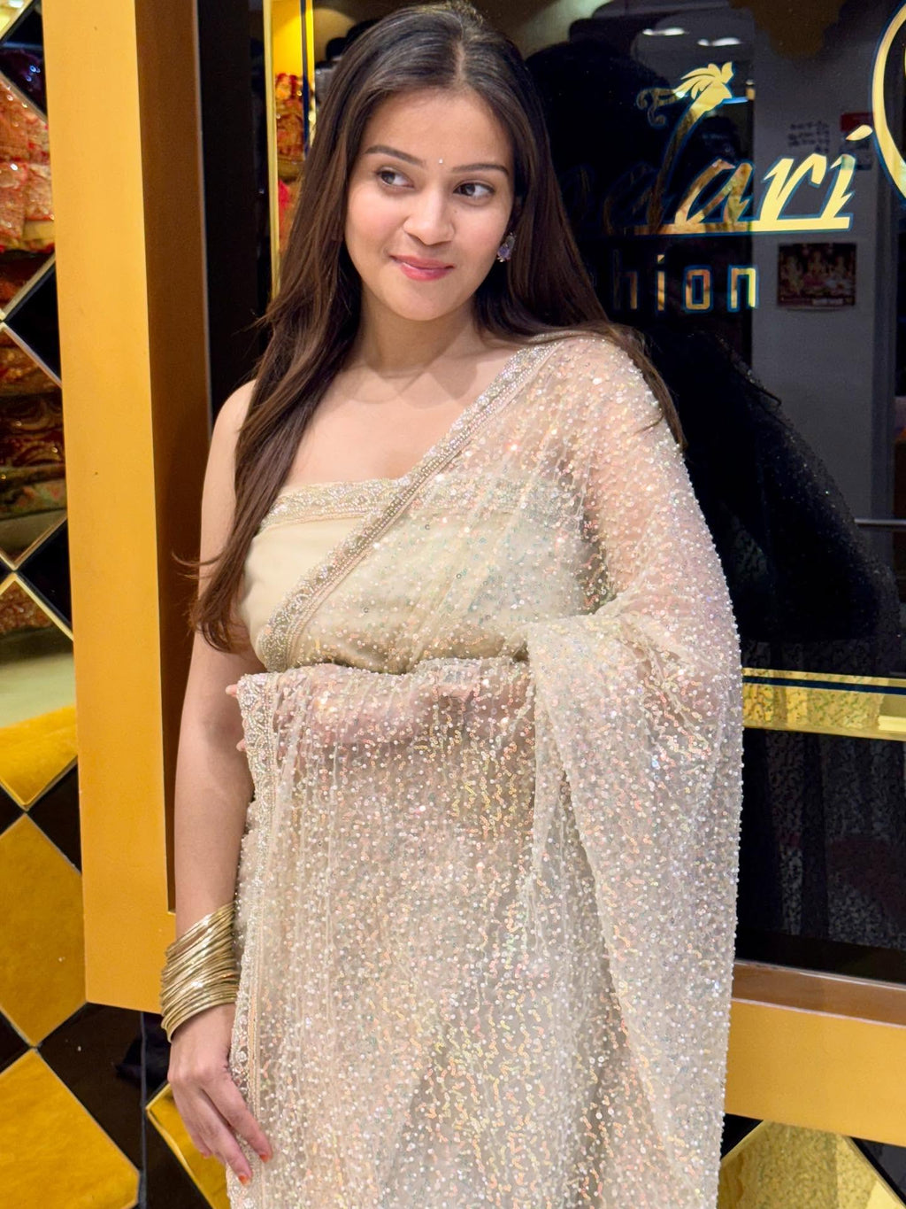 Beige Handwork Partywear Saree