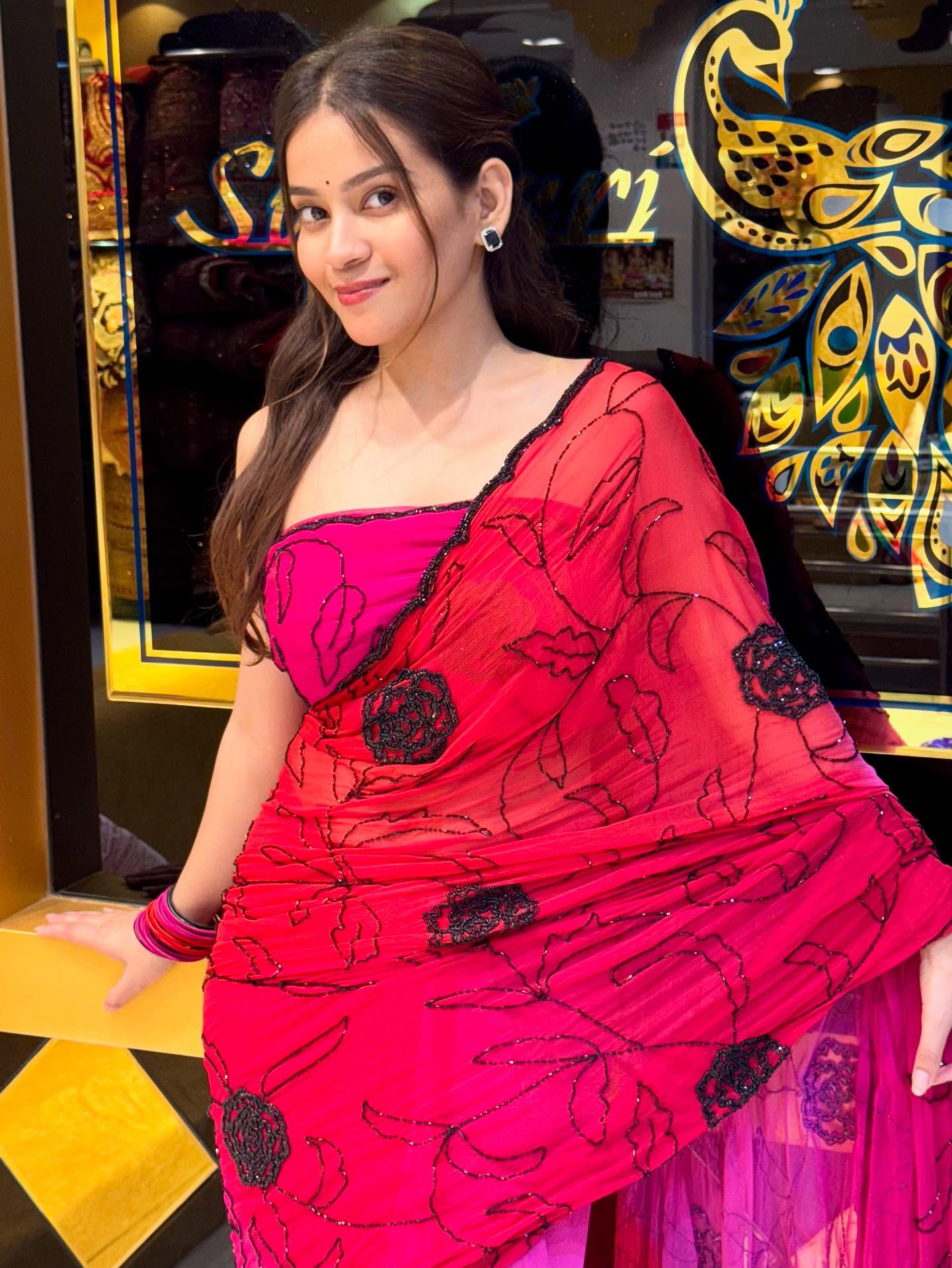 Pink & Red Designer Handwork Saree