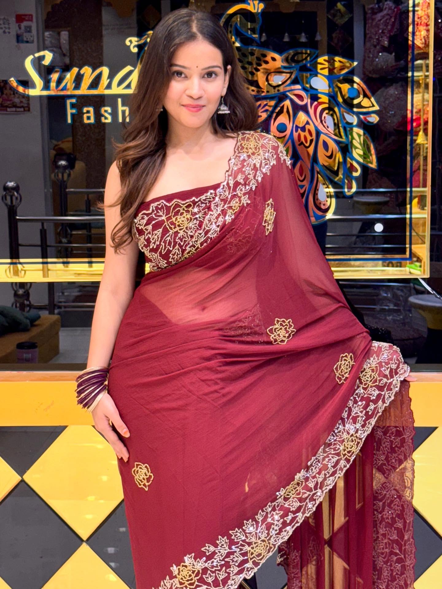 Beautiful Handwork Maroon Saree