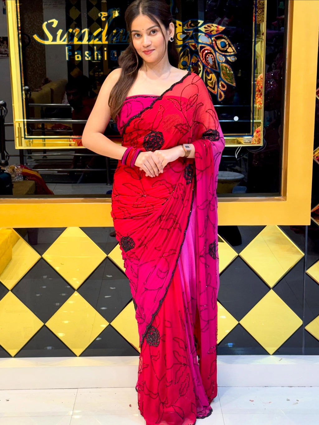 Pink & Red Designer Handwork Saree