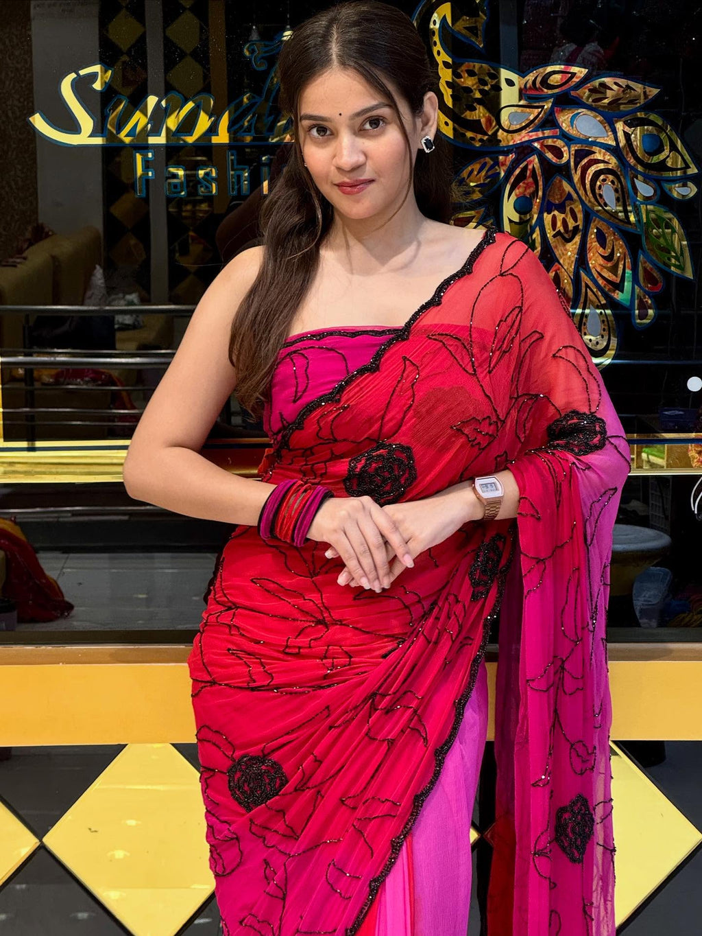 Pink & Red Designer Handwork Saree