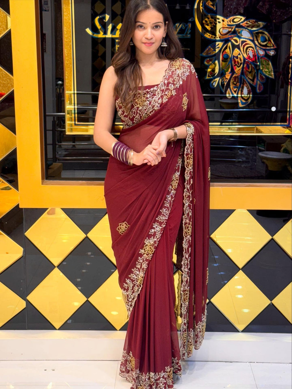 Beautiful Handwork Maroon Saree