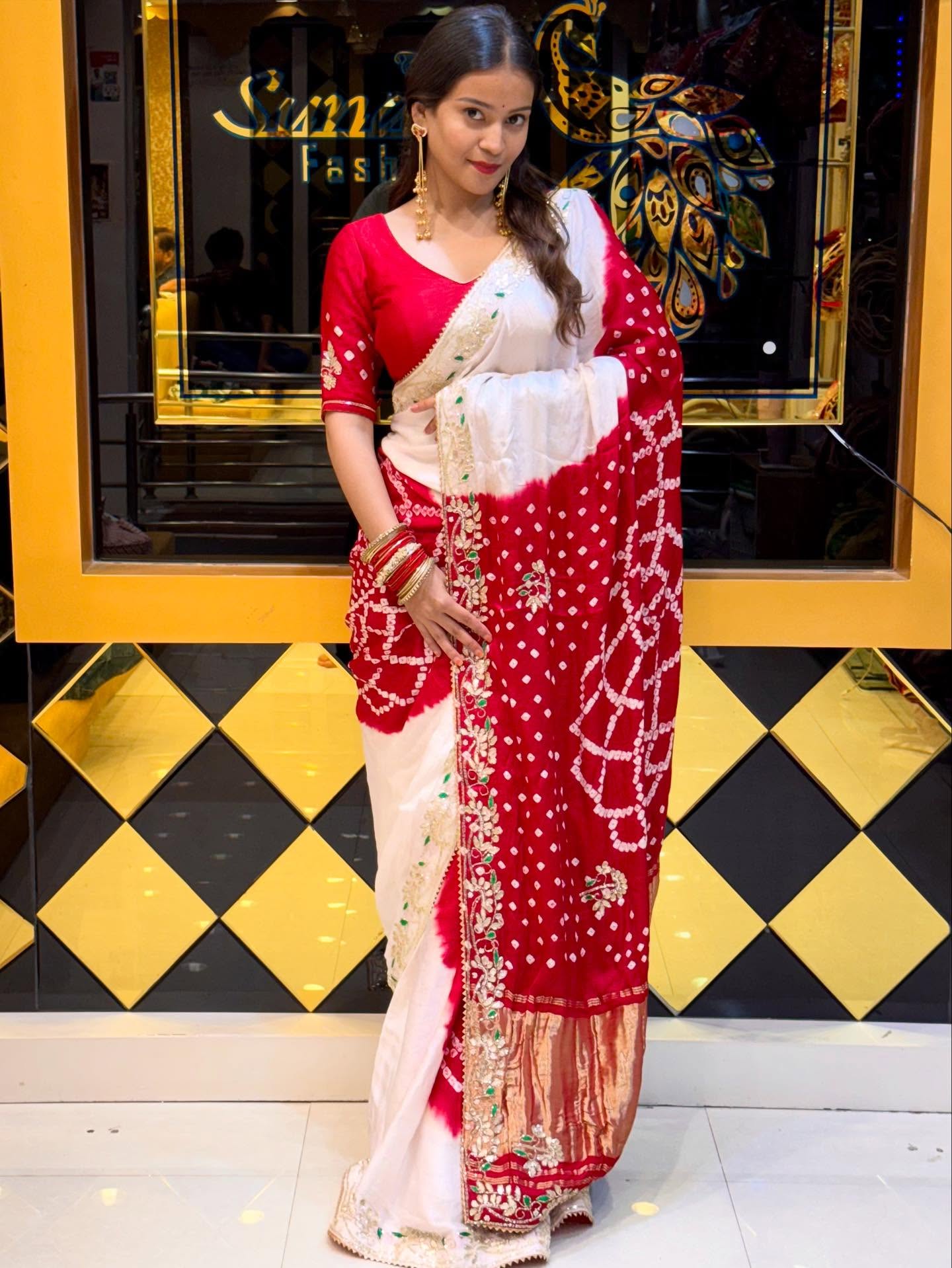 Red And White Gaji Silk Bandhej Saree