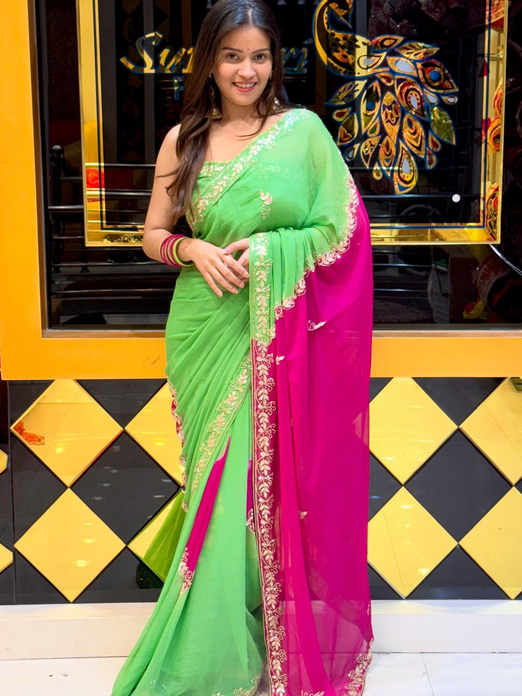 Dual Shade Pure Chiffon Gotapati Work Saree