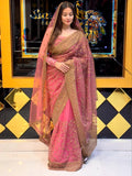 Pink Premium Korean Net Saree Dupatta Set (819)