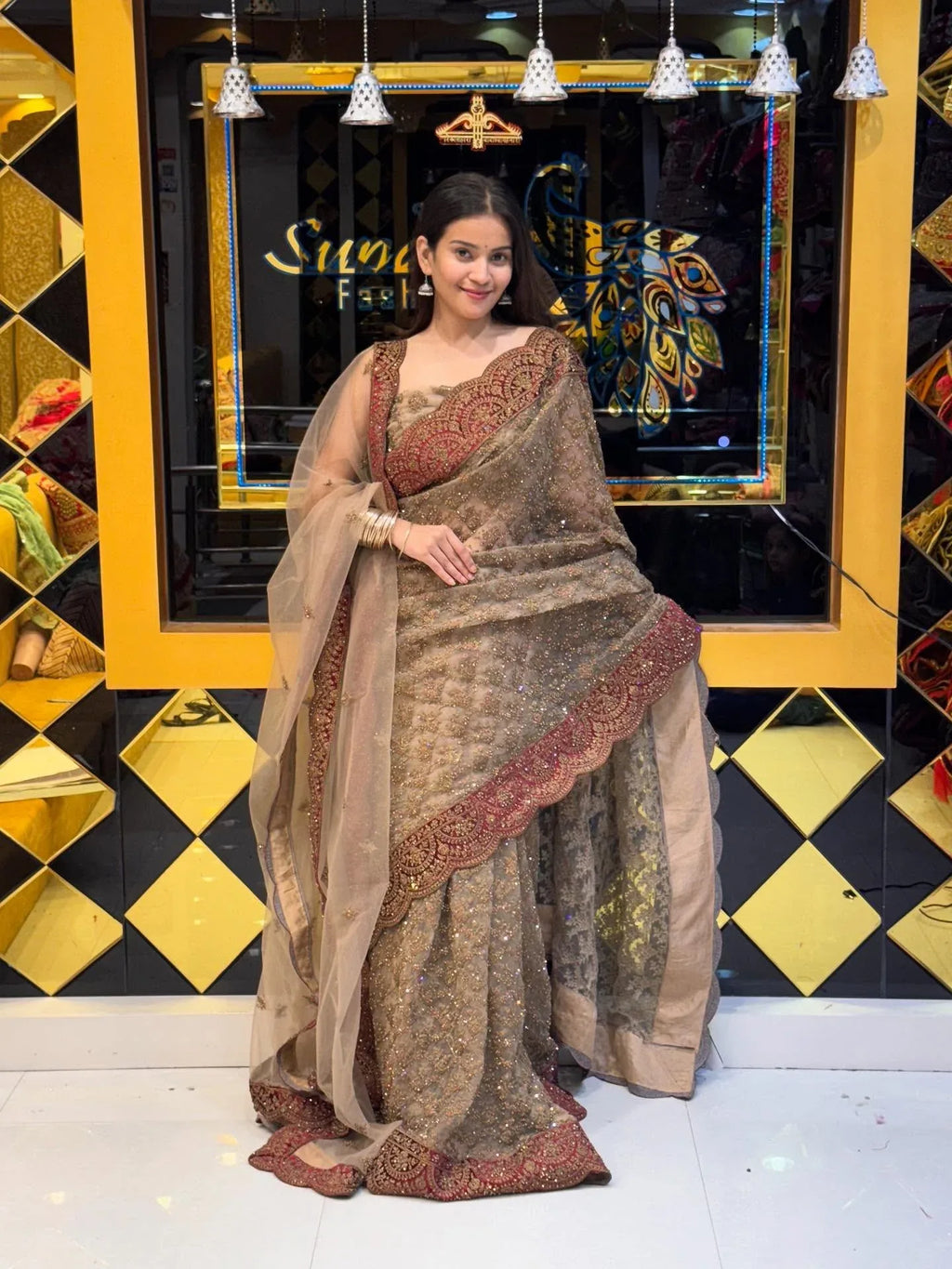 Brown Premium Saree Dupatta Set (817)