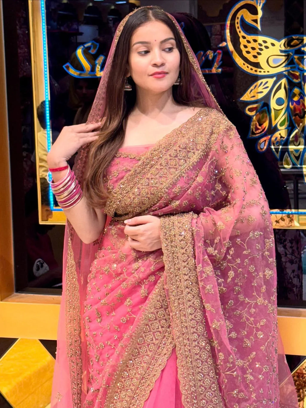 Pink Premium Korean Net Saree Dupatta Set (819)