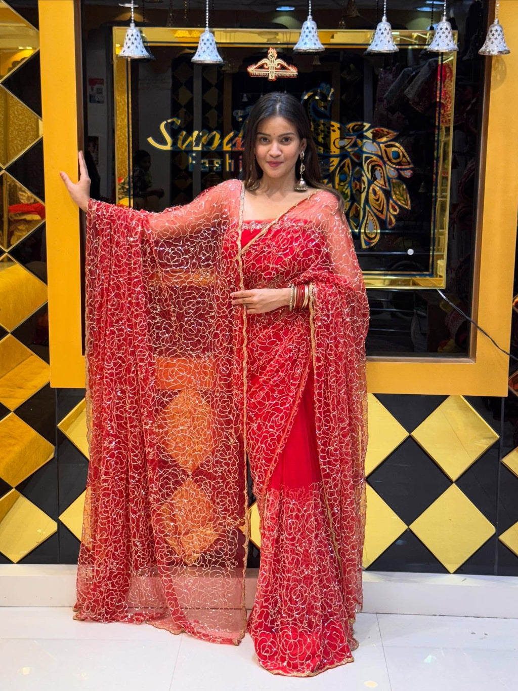 Red Saree Duppatta Set