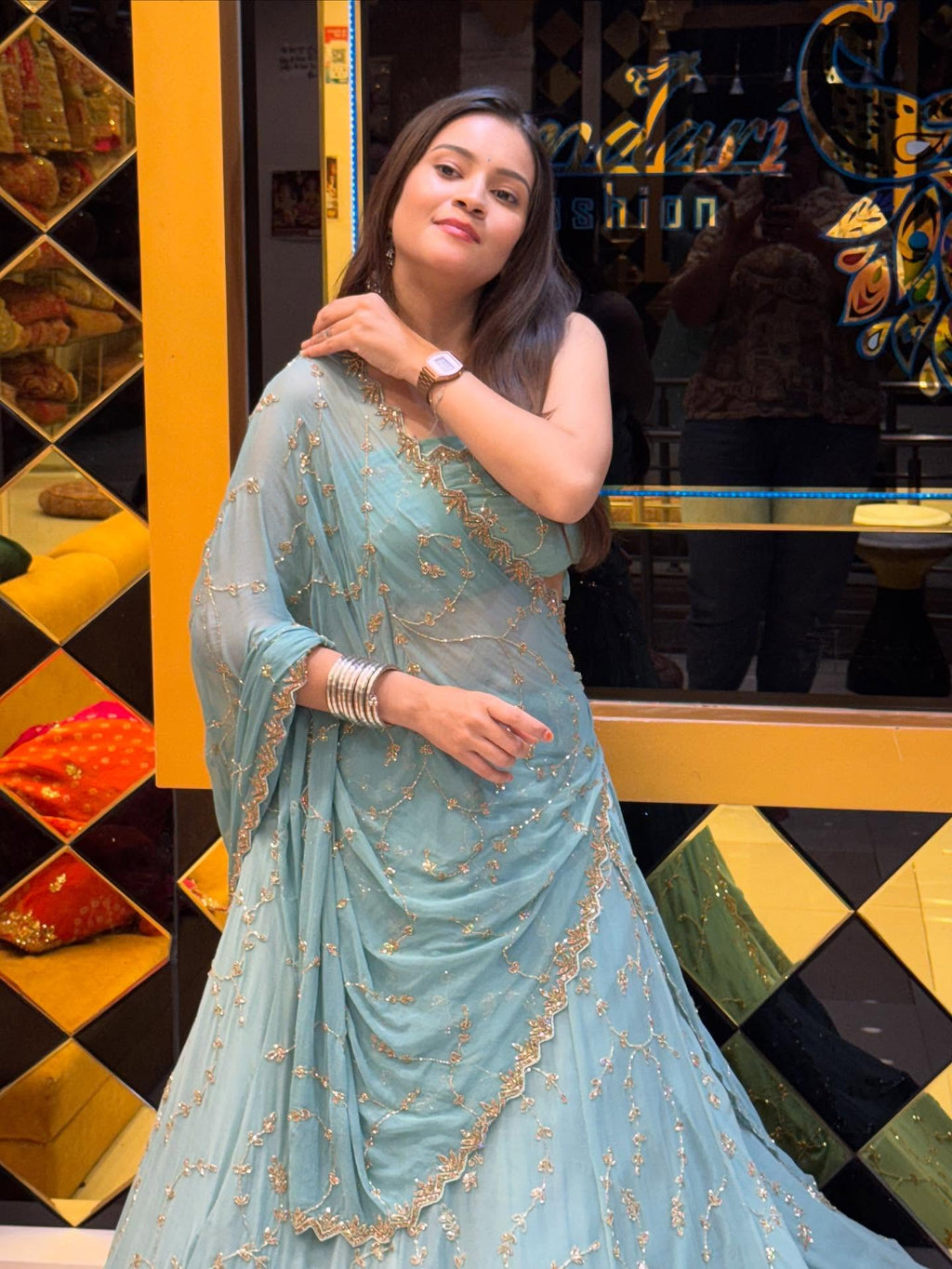 Blue Handwork Partywear Lehenga Set