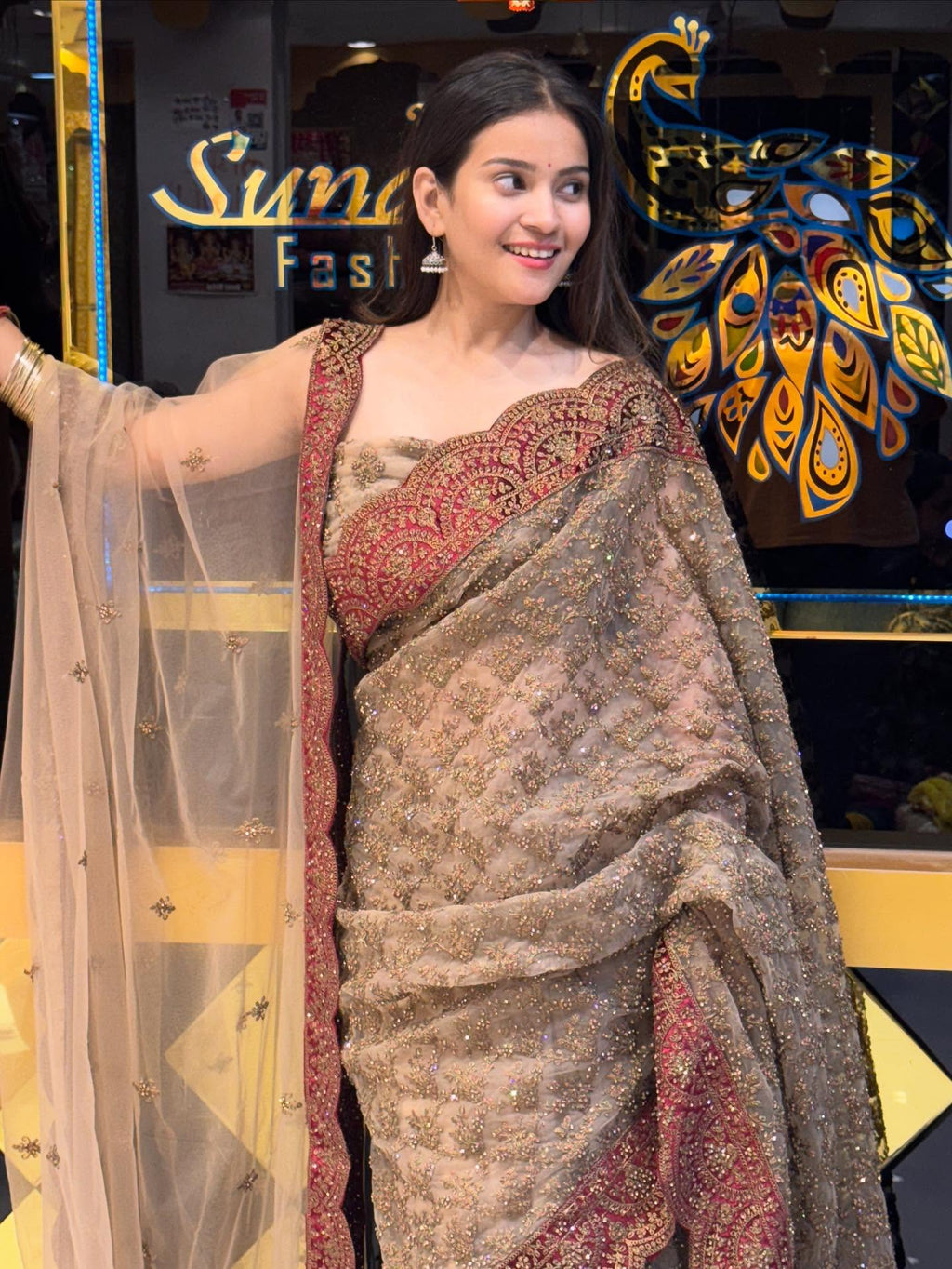Brown Premium Saree Dupatta Set (817)