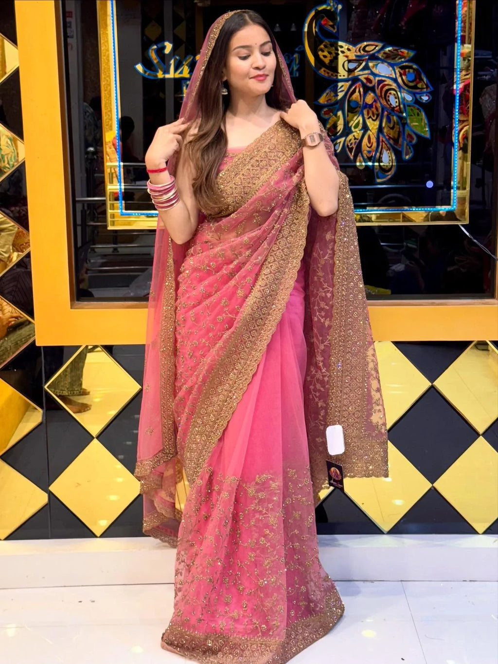 Pink Premium Korean Net Saree Dupatta Set (819)