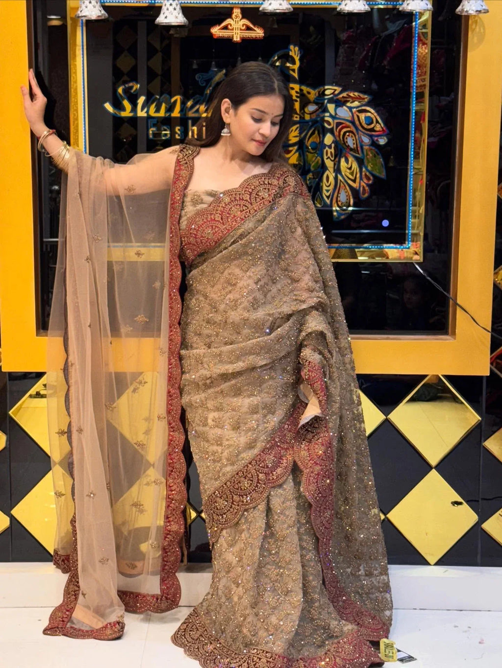 Brown Premium Saree Dupatta Set (817)