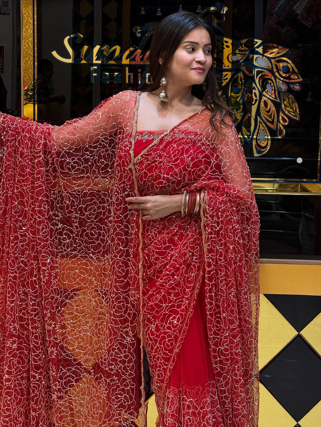 Red Saree Duppatta Set