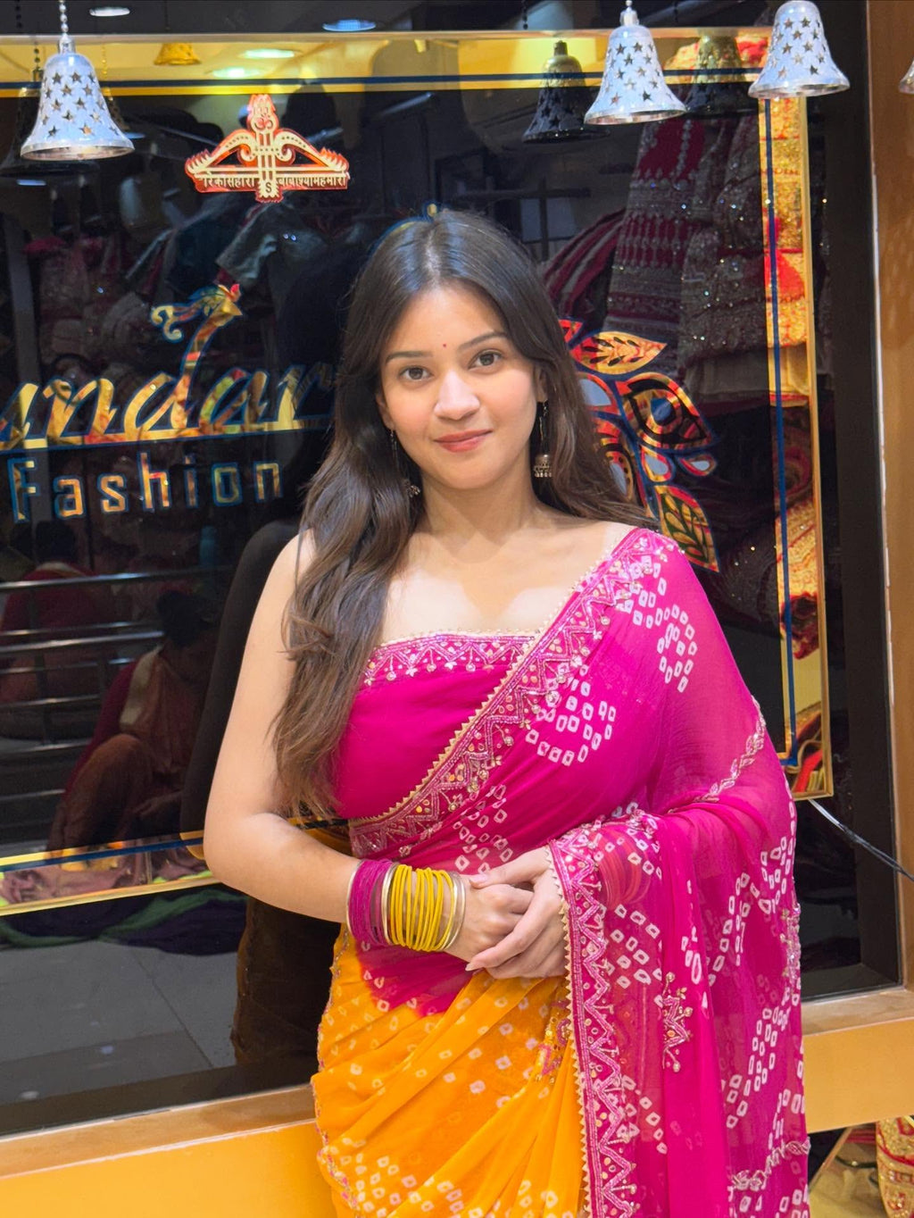 Pink Mustard Bandhej Saree