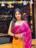 Pink Mustard Bandhej Saree