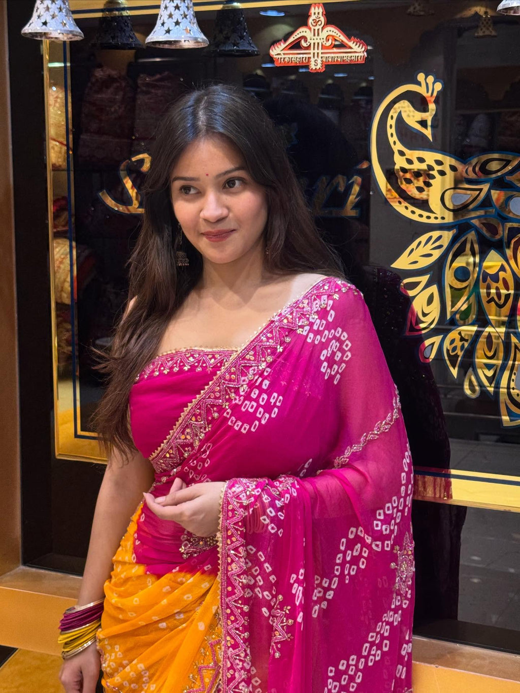 Pink Mustard Bandhej Saree