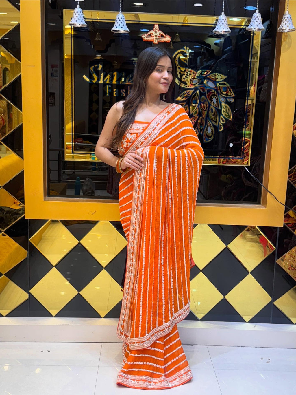 Orange Handwork Partywear Saree