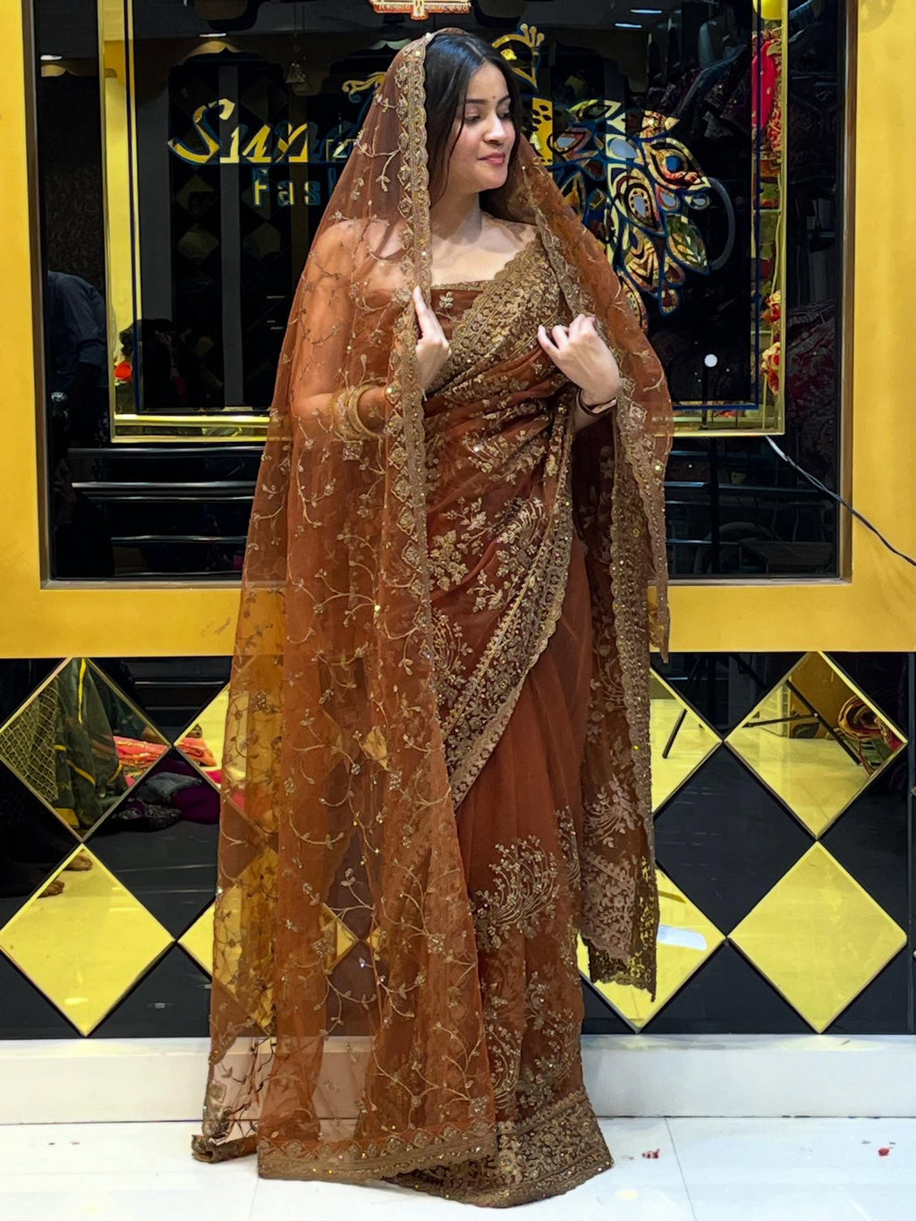 Brown Korean Net Saree Dupatta Set