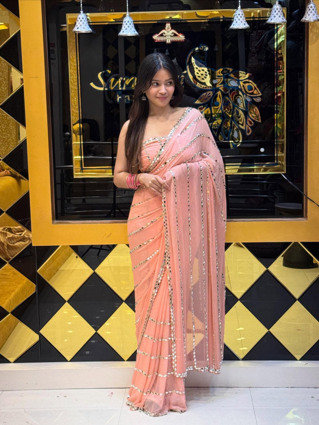 Peach Original Mirror Work Saree
