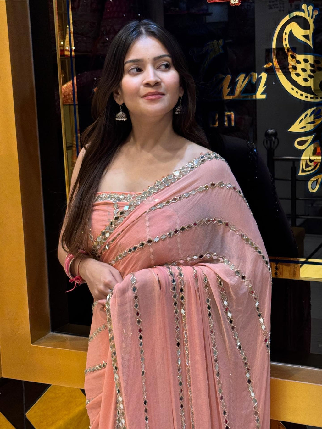 Peach Original Mirror Work Saree