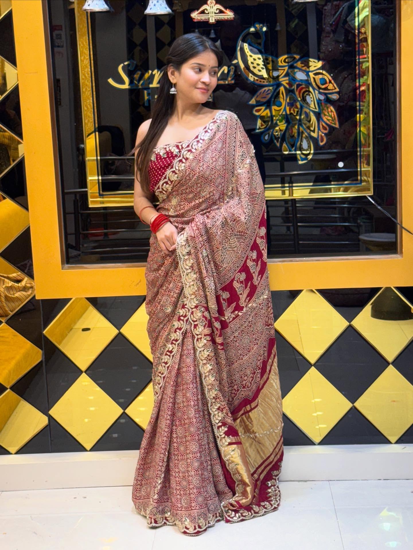 Red Gaji Silk Ajarak. with Gotapati Handwork saree