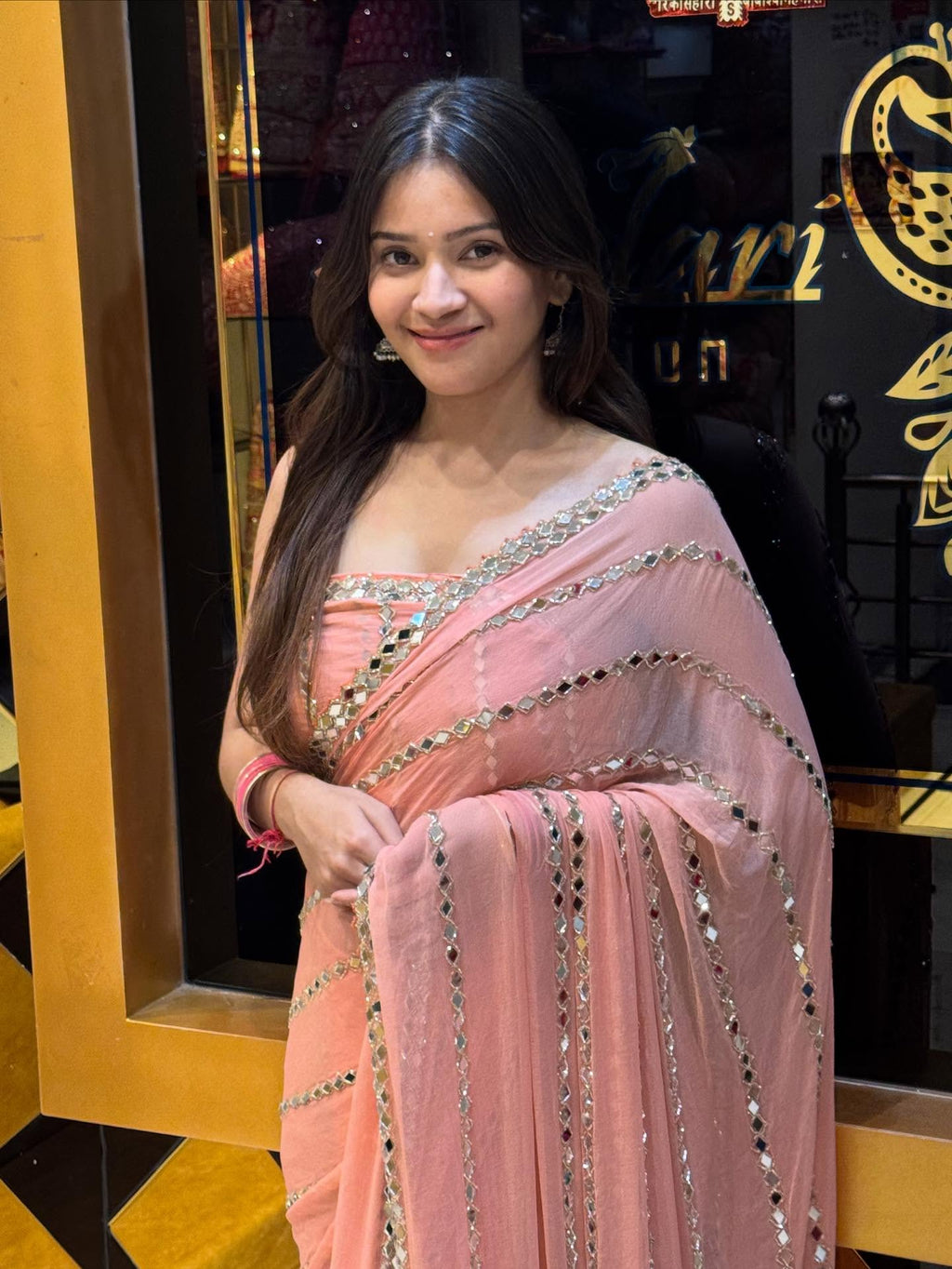 Peach Original Mirror Work Saree