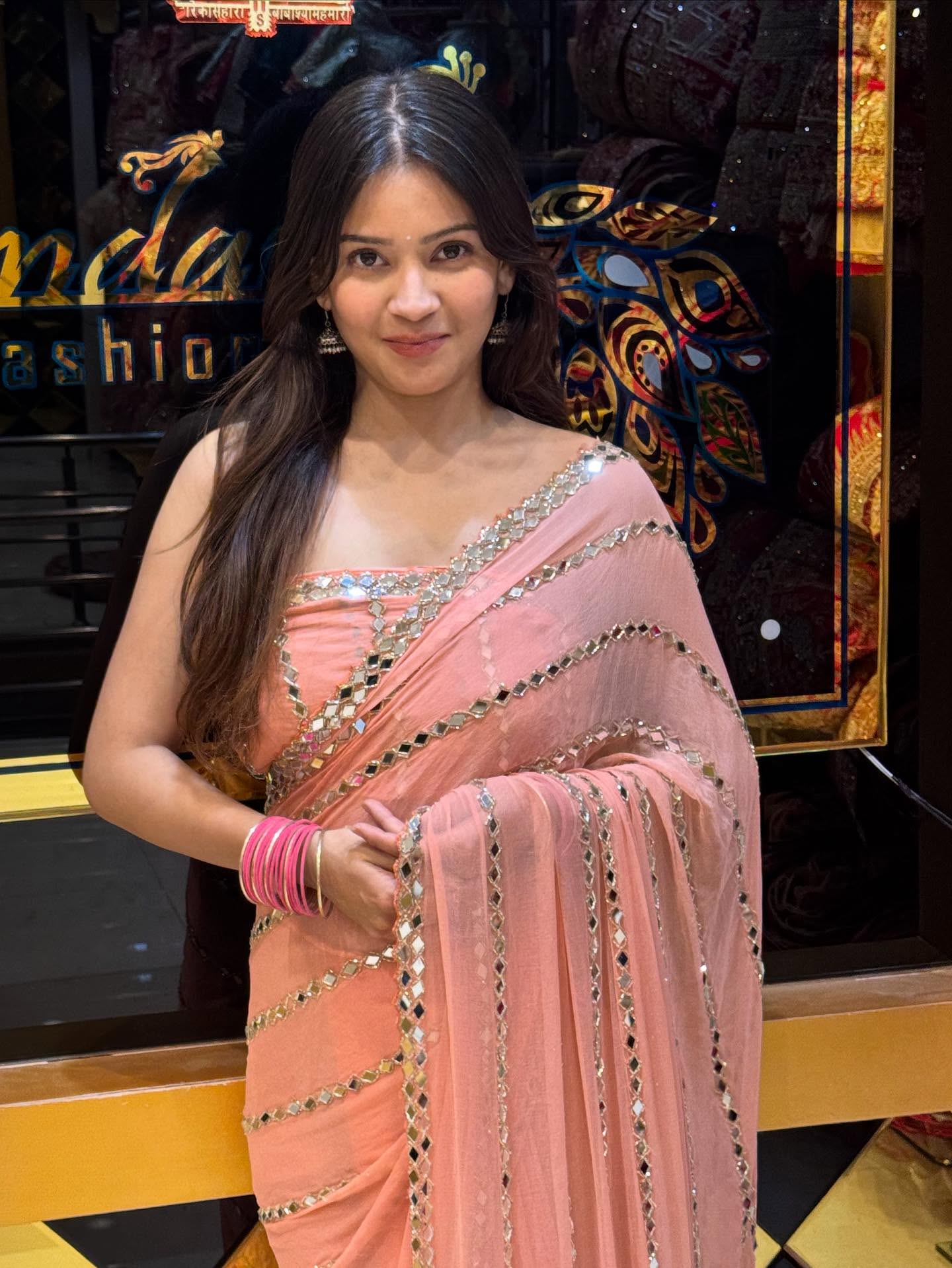 Peach Original Mirror Work Saree